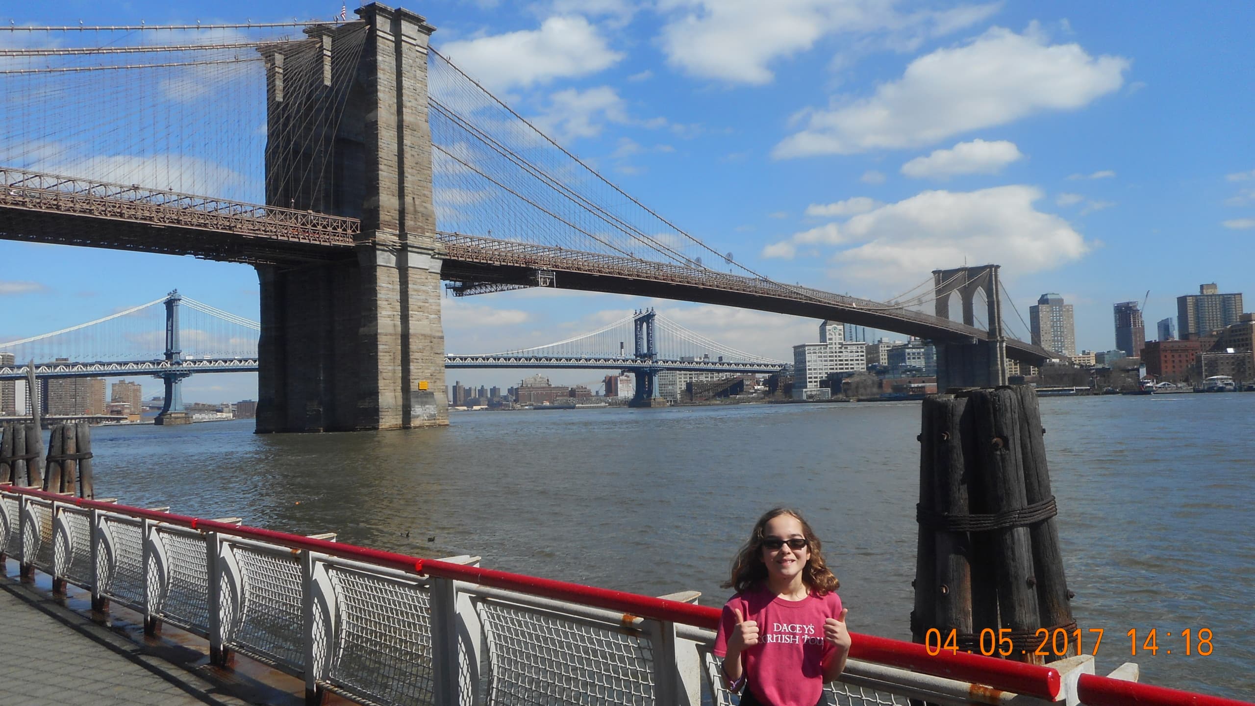 Sophie,walking the Brooklyn Bridge, New York