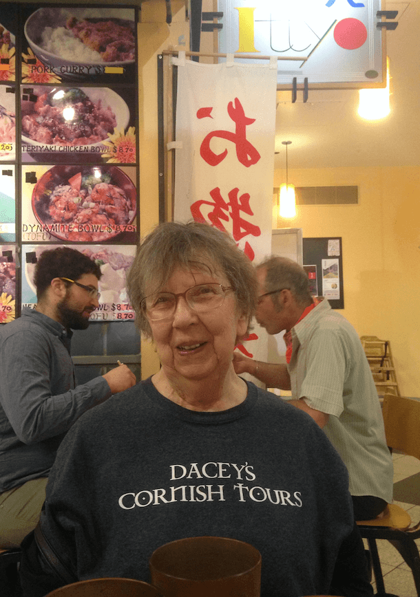 Doris, taking lunch in Cambridge, USA
