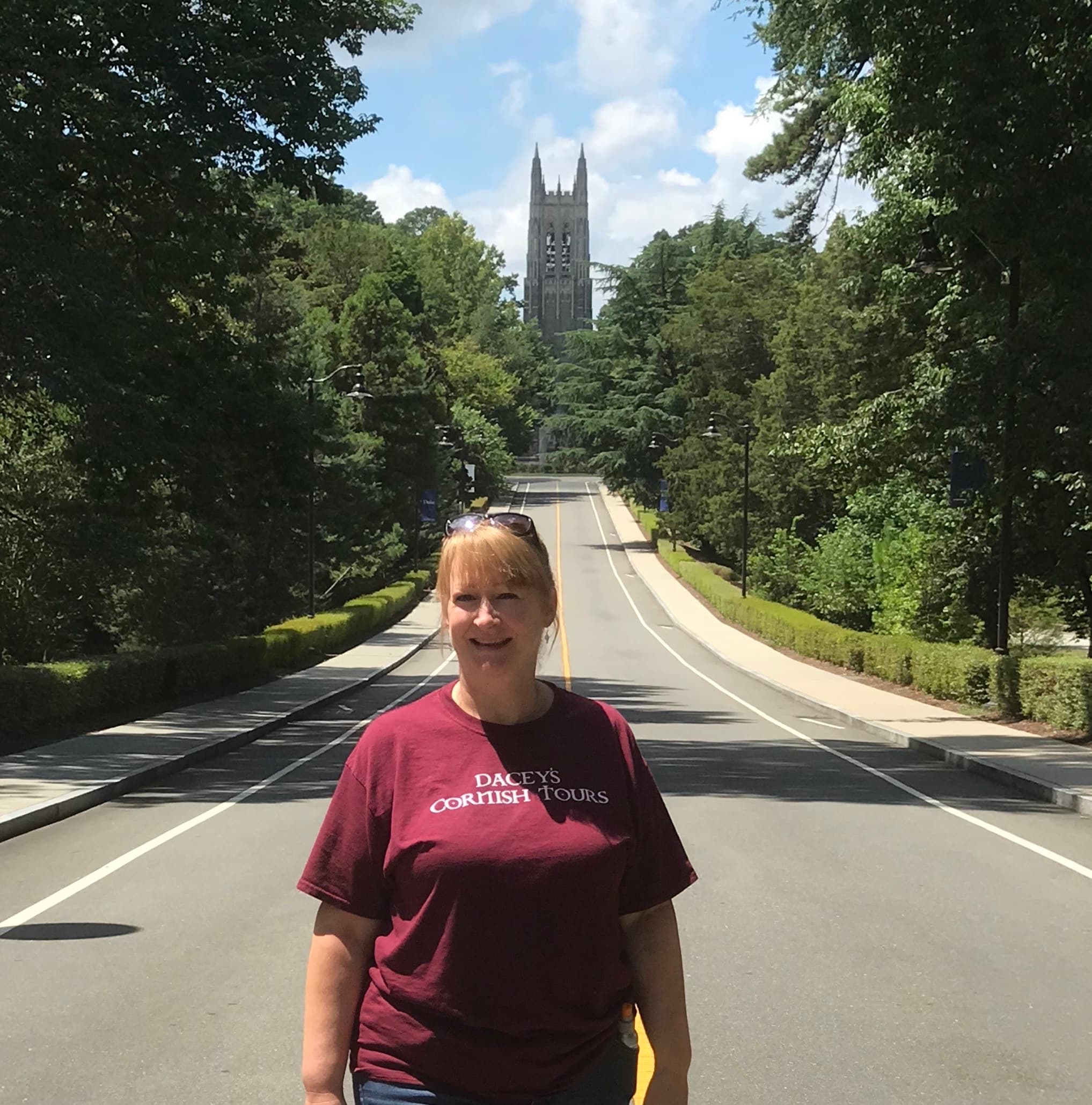 Jamie, standing at Duke Chapel NC