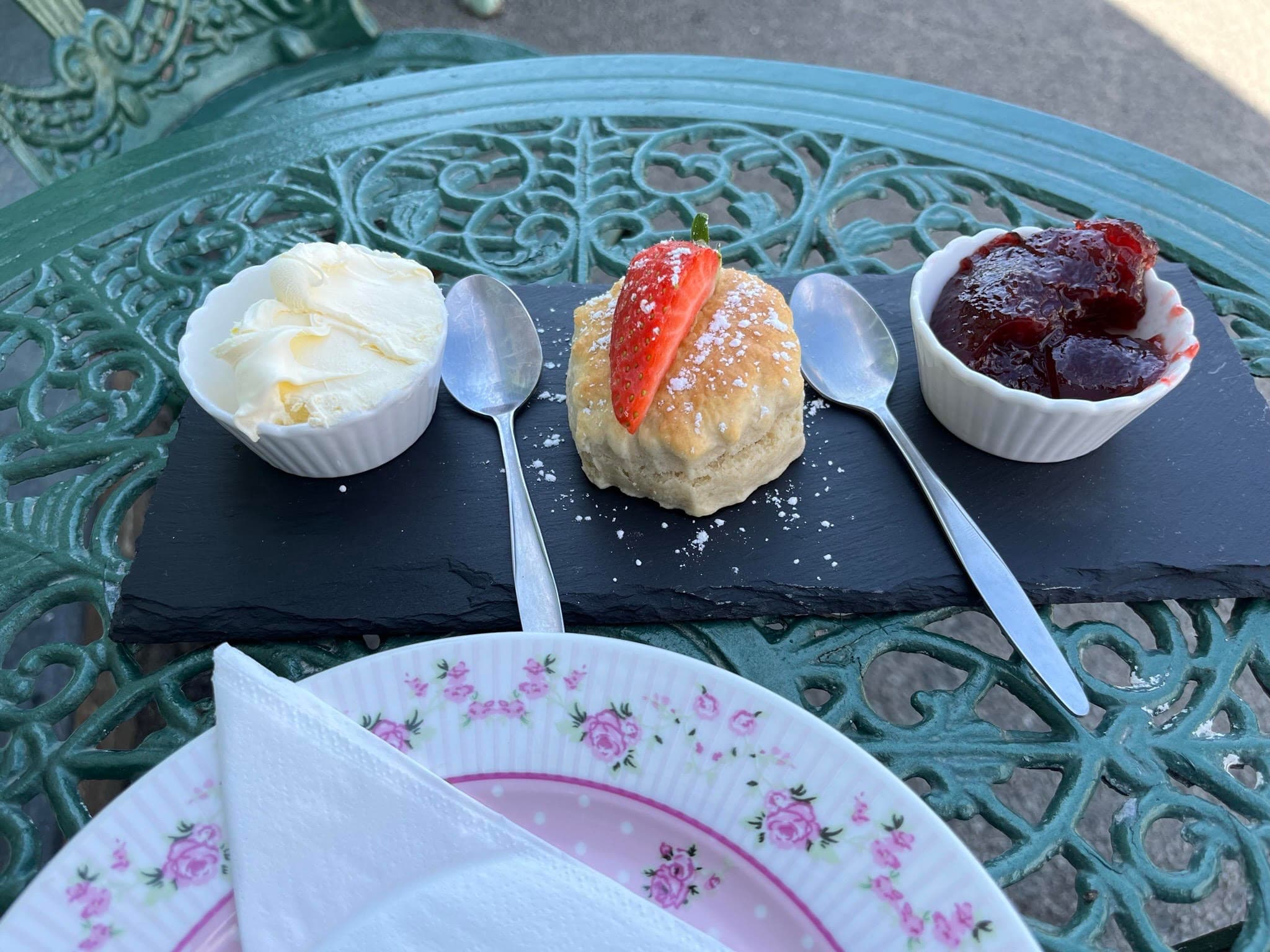 A Cornish cream tea of scones, clotted cream and strawberry jam