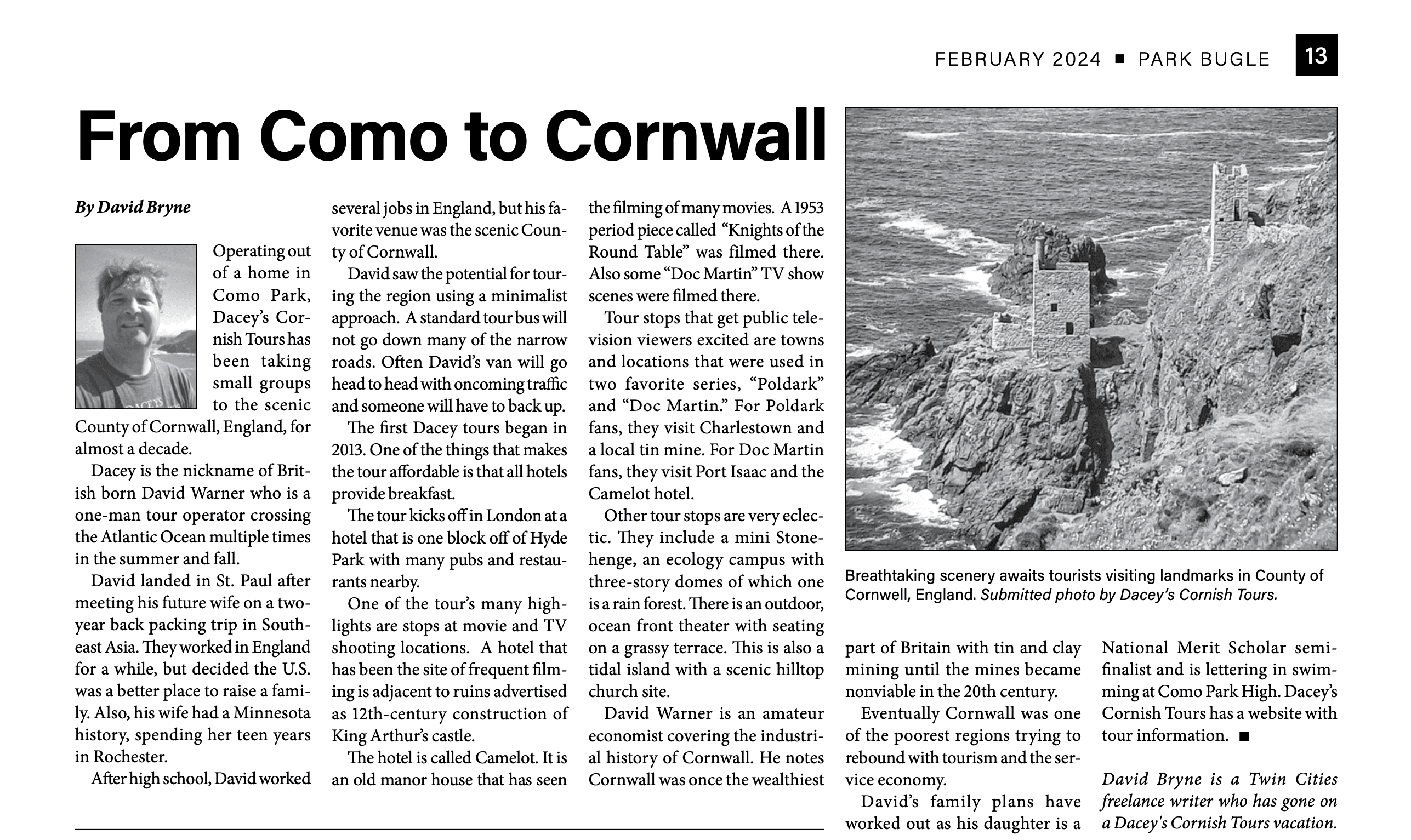 The Park Bugle article “From Como to Cornwall”, February 2024, page 13