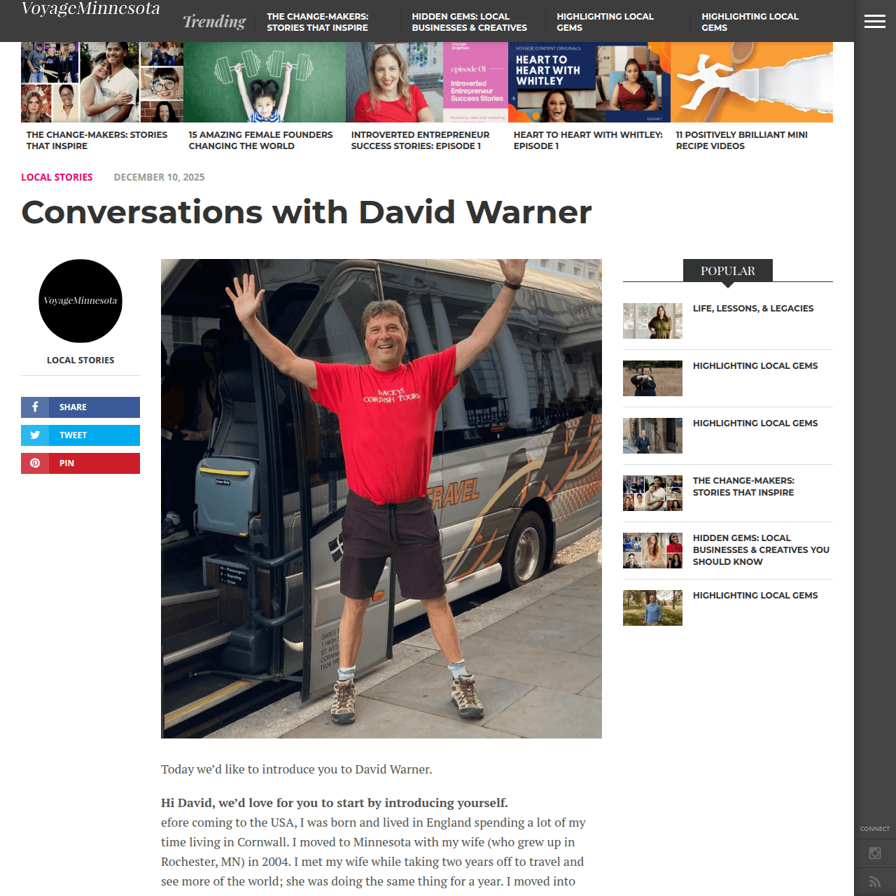 The Voyage Minnesota interview, with David waving in front of the tour coach