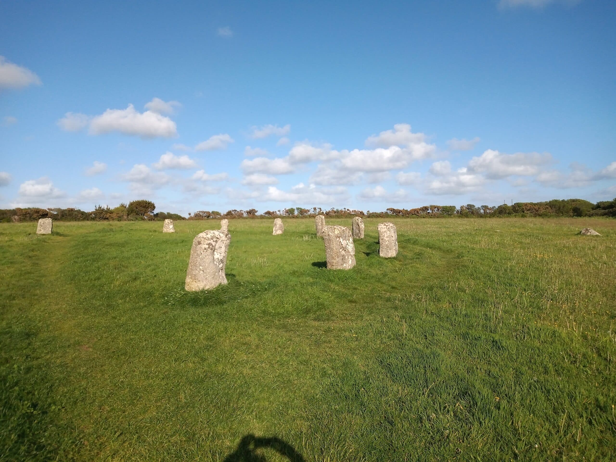 A neolithic stone circle on the open grass of Bodmin Moor