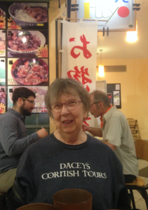 Dacey's Cornish tours Doris, taking lunch in Cambridge, USA