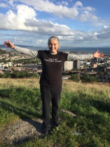 Dacey's Cornish tours Renate, standing in Swansea Wales